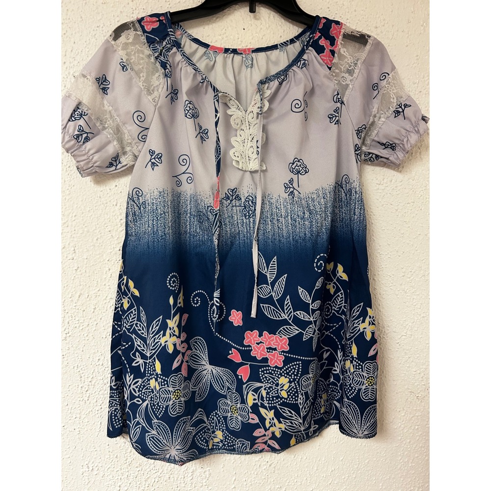 Blue Ombre Floral Lace Trim Boho Blouse Short Sleeve Top Medium